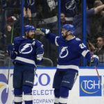 
              Tampa Bay Lightning left wing Alex Killorn (17) celebrates his goal against the New York Islanders with left wing Nicholas Paul (20) during the third period of an NHL hockey game Saturday, Oct. 22, 2022, in Tampa, Fla. (AP Photo/Chris O'Meara)
            