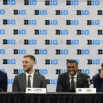 
              Iowa's Kris Murray, left, Connor McCaffery, center left, Tony Perkins, center right, and Patrick McCaffery, right, speak to the media during Big Ten NCAA college basketball Media Days Tuesday, Oct. 11, 2022, in Minneapolis. (AP Photo/Abbie Parr)
            