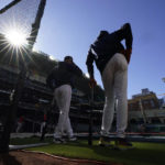 
              Houston Astros manager Dusty Baker Jr., right, keeps watch during a practice ahead of Game 1 of baseball's American League Championship Series, in Houston, Tuesday, Oct. 18, 2022. (AP Photo/Eric Gay)
            