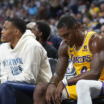 
              Los Angeles Lakers guards Russell Westbrook, left, and Lonnie Walker IV react as time runs out in the second half of an NBA basketball game against the Wednesday, Oct. 26, 2022, in Denver. (AP Photo/David Zalubowski)
            