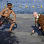 
              FIFA President Giovanni Infantino reacts to the Wero, a warrior challenge, during the Powhiri ceremony ahead of the FIFA Women's World Cup 2023 draw in Auckland, New Zealand on Friday Oct. 21, 2022. The draw for the tournament to be held in Australia and New Zealand in 2023 will be held on Saturday, Oct. 22. (Alan Lee/photosport.nz via AP)
            
