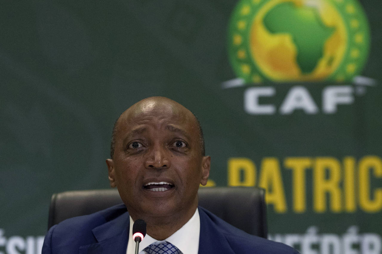 FILE - Confederation of African Football (CAF) President Patrice Motsepe speaks during a news confe...