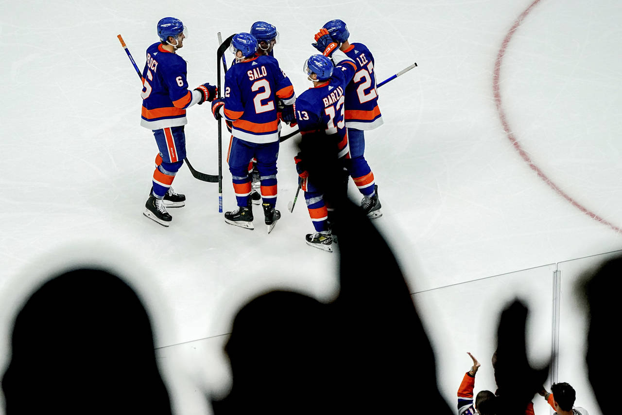 CORRECTS TO SATURDAY NOT THURSDAY - New York Islanders fans cheer after defenseman Robin Salo (2) s...