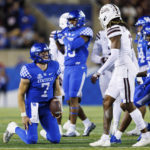 
              Kentucky quarterback Will Levis (7) celebrates after converting on fourth down against Mississippi State during the first half of an NCAA college football game in Lexington, Ky., Saturday, Oct. 15, 2022. (AP Photo/Michael Clubb)
            