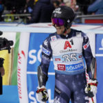
              United States' Tommy Ford reacts after crossing the finish line to complete an alpine ski, men's World Cup giant slalom, in Soelden, Austria, Sunday, Oct. 23, 2022. (AP Photo/Giovanni Auletta)
            