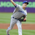 
              Kansas City Royals starting pitcher Zack Greinke delivers against the Cleveland Guardians during the first inning of a baseball game, Monday, Oct. 3, 2022, in Cleveland. (AP Photo/Ron Schwane)
            