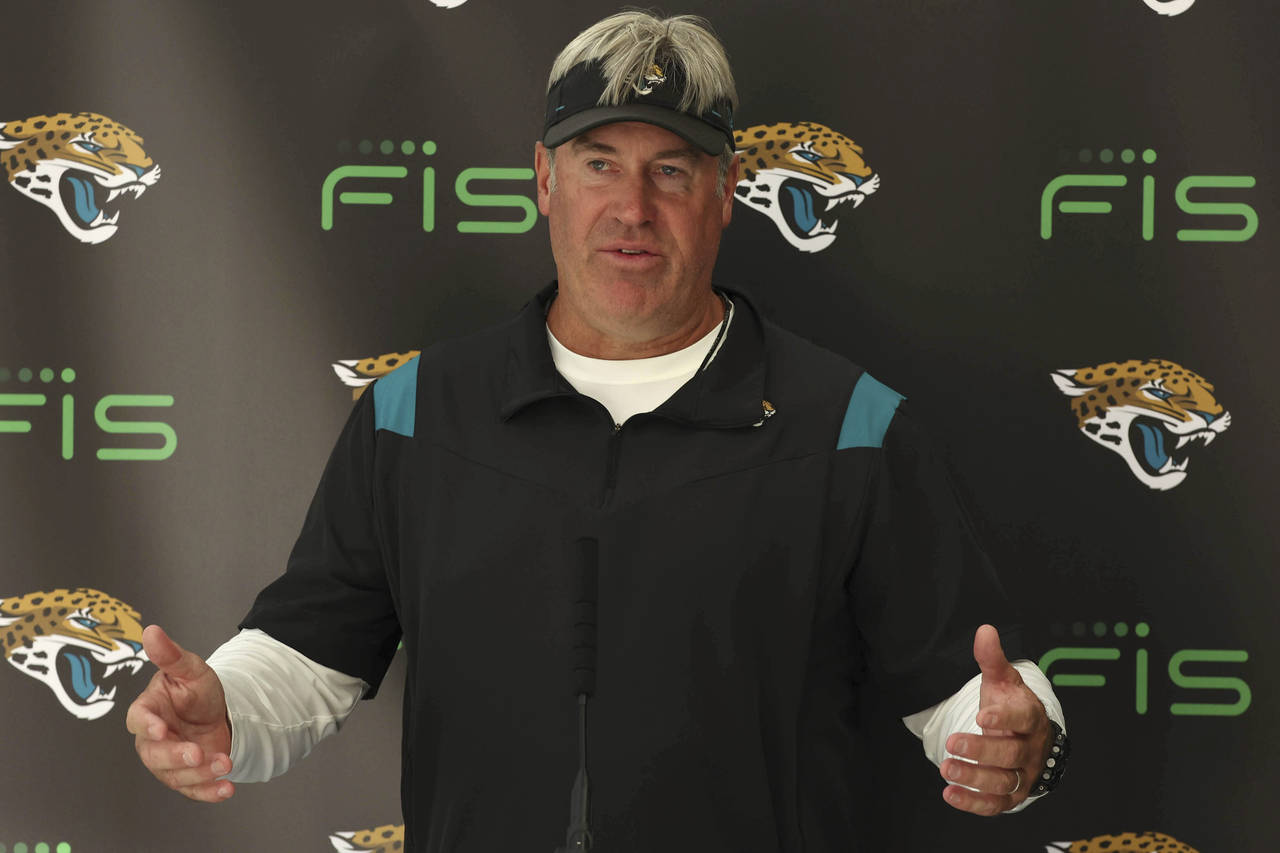 Jacksonville Jaguars head coach Doug Pederson speaks during a press conference after a practice ses...