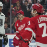 
              Detroit Red Wings left wing David Perron celebrates his goal against the Los Angeles Kings in the second period of an NHL hockey game Monday, Oct. 17, 2022, in Detroit. (AP Photo/Paul Sancya)
            