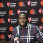 
              FILE - Cleveland Browns' Chris Hubbard speaks at an NFL football press conference Thursday, March 15, 2018, in Berea, Ohio. Cleveland Browns offensive lineman Chris Hubbard holds an annual event for mental health through his Overcoming Together Foundation. Hubbard was drawn to the issue after a friend in high school committed suicide. (Joshua Gunter/The Plain Dealer via AP, File)
            
