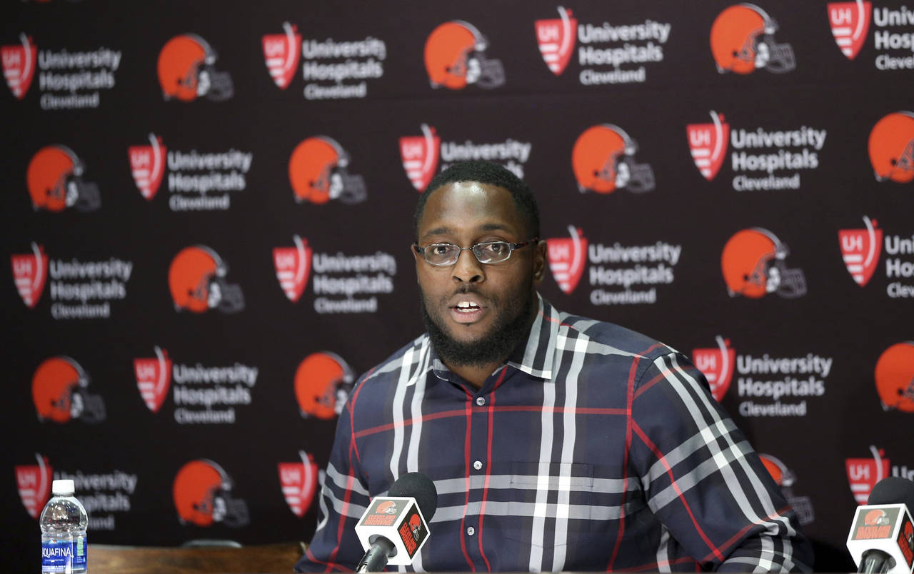 FILE - Cleveland Browns' Chris Hubbard speaks at an NFL football press conference Thursday, March 1...