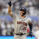 
              Houston Astros Chas McCormick (20) reacts as he rounds the bases after hitting a two-run home run against the New York Yankees during the second inning of Game 3 of an American League Championship baseball series, Saturday, Oct. 22, 2022, in New York. (AP Photo/Seth Wenig)
            