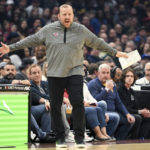 
              New York Knicks head coach Tom Thibodeau reacts to a call during the first half of an NBA basketball game against the Cleveland Cavaliers, Sunday, Oct. 30, 2022, in Cleveland. (AP Photo/Nick Cammett)
            
