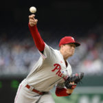 
              Philadelphia Phillies starting pitcher Kyle Gibson throws during the first inning of the first baseball game of a doubleheader against the Washington Nationals, Saturday, Oct. 1, 2022, in Washington. (AP Photo/Nick Wass)
            
