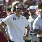 
              Florida State head coach Mike Norvell reacts after a Wake Forest touchdown in the first half of an NCAA college football game Saturday, Oct. 1, 2022, in Tallahassee, Fla. (AP Photo/Phil Sears)
            
