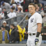 
              New York Yankees' Aaron Judge reacts after striking out in the fourth inning of a baseball game against the Baltimore Orioles, Saturday, Oct. 1, 2022, in New York. (AP Photo/Mary Altaffer)
            