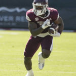 
              Mississippi State running back Jo'quavious Marks (7) runs upfield during the first half of an NCAA college football game against Arkansas in Starkville, Miss., Saturday, Oct. 8, 2022. (AP Photo/Rogelio V. Solis)
            