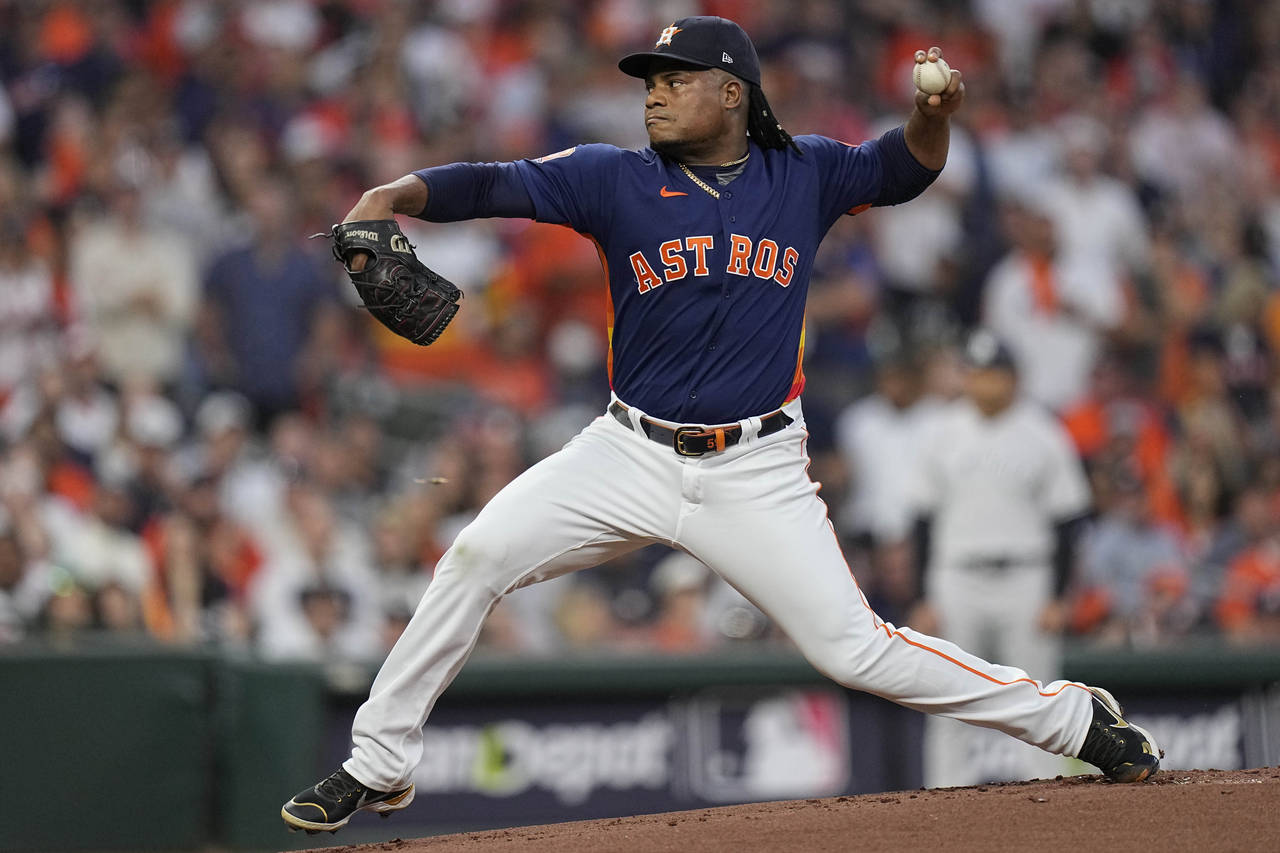 Houston Astros starting pitcher Framber Valdez (59) works from the mound during the first inning in...
