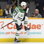 
              Dallas Stars left wing Mason Marchment celebrates after scoring a goal against the Nashville Predators during the first period of an NHL hockey game Thursday, Oct. 13, 2022, in Nashville, Tenn. (AP Photo/Mark Zaleski)
            