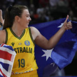 
              Australia's Sara Blicavs gestures to the stands after winning their bronze medal game at the women's Basketball World Cup against Canada in Sydney, Australia, Saturday, Oct. 1, 2022. (AP Photo/Mark Baker)
            