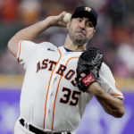 
              Houston Astros starting pitcher Justin Verlander (35) works during the fifth inning in Game 1 of baseball's American League Championship Series between the Houston Astros and the New York Yankees, Wednesday, Oct. 19, 2022, in Houston. . (AP Photo/Kevin M. Cox)
            