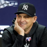 
              New York Yankees manager Aaron Boone attends a news conference before a workout ahead of Game 1 of baseball's American League Division Series against the Cleveland Guardians, Monday, Oct. 10, 2022, in New York. (AP Photo/John Minchillo)
            