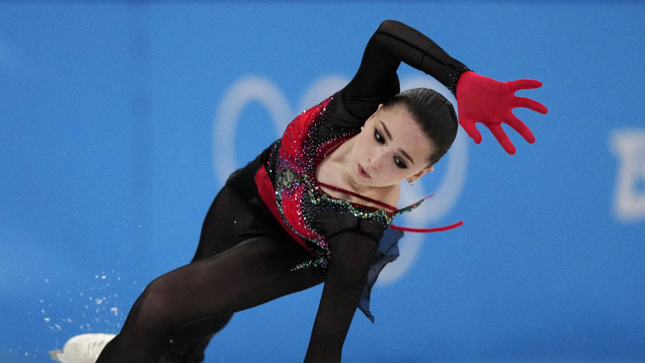 FILE- Kamila Valieva, of the Russian Olympic Committee, falls in the women's free skate program dur...