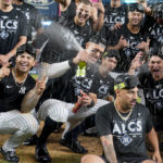 
              New York Yankees Aaron Judge sprays champagne while celebrating with teammates after the Yankees defeated the Cleveland Guardians in Game 5 of an American League Division baseball series, Tuesday, Oct. 18, 2022, in New York. (AP Photo/John Minchillo)
            