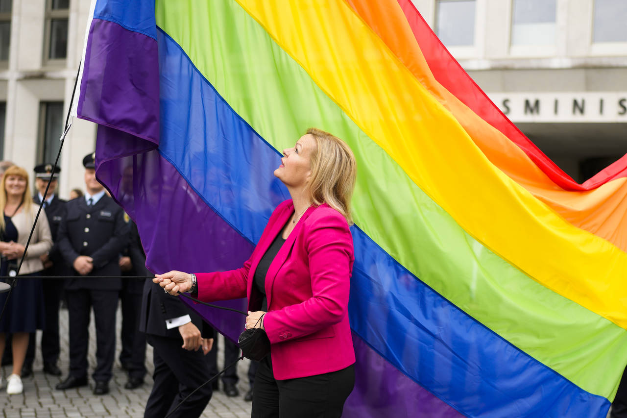 FILE - German interior Minister Nancy Faeser raises the rainbow flag for the first time at the Germ...