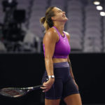 
              Aryna Sabalenka, of Belarus, reacts during practice at the WTA Finals tennis tournament in Fort Worth, Texas, Saturday, Oct. 29, 2022. (AP Photo/Ron Jenkins)
            