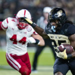 
              Purdue running back Kobe Lewis (25) runs against Nebraska during the first half of an NCAA college football game in West Lafayette, Ind., Saturday, Oct. 15, 2022. (AP Photo/Michael Conroy)
            