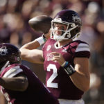 
              Mississippi State quarterback Will Rogers (2) passes against Texas A&M during the first half of an NCAA college football game in Starkville, Miss., Saturday, Oct. 1, 2022. (AP Photo/Rogelio V. Solis)
            