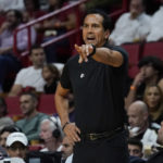 
              Miami Heat head coach Erik Spoelstra gestures during the first half of an NBA game against the Chicago Bulls, Wednesday, Oct. 19, 2022, in Miami. (AP Photo/Marta Lavandier)
            