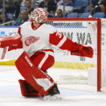 
              Detroit Red Wings goaltender Alex Nedeljkovic (39) looks for the puck during the first period of an NHL hockey game against the Buffalo Sabres, Monday, Oct. 31, 2022, in Buffalo, N.Y. (AP Photo/Jeffrey T. Barnes)
            