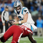 
              Arizona Cardinals linebacker Victor Dimukeje puts pressure on Carolina Panthers quarterback Baker Mayfield during the second half of an NFL football game on Sunday, Oct. 2, 2022, in Charlotte, N.C. (AP Photo/Rusty Jones)
            