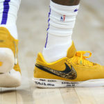 
              The shoes of Los Angeles Lakers forward LeBron James are seen during an NBA basketball game against the Minnesota Timberwolves, Friday, Oct. 28, 2022, in Minneapolis. (AP Photo/Abbie Parr)
            