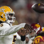 
              Arizona State quarterback Emory Jones passes during the first half of an NCAA college football game against Southern California Saturday, Oct. 1, 2022, in Los Angeles. (AP Photo/Mark J. Terrill)
            