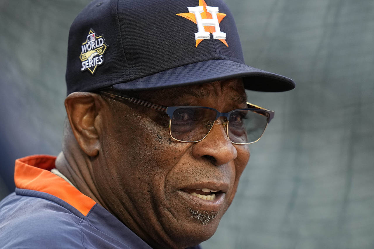 Houston Astros manager Dusty Baker Jr. (12) watches batting practice ahead of Game 1 of the basebal...