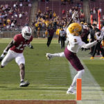 
              Arizona State wide receiver Elijhah Badger (2) cannot catch a pass in bounds in front of Stanford cornerback Kyu Blu Kelly (17) during the second half of an NCAA college football game in Stanford, Calif., Saturday, Oct. 22, 2022. (AP Photo/Jeff Chiu)
            
