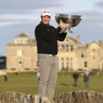 
              New Zealand's Ryan Fox lifts the trophy following day four of the Alfred Dunhill Links Championship 2022 at St Andrews golf course in Scotland, Sunday Oct. 2, 2022. (Steve Welsh/PA via AP)
            