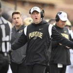 
              Purdue head coach Jeff Brohm reacts to a penalty call in the first half of an NCAA college football game against Maryland, Saturday, Oct. 8, 2022, in College Park, Md. (AP Photo/Gail Burton)
            