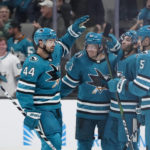 
              San Jose Sharks left wing Matt Nieto, second from left, celebrates with teammates after scoring against the Vegas Golden Knights during the second period of an NHL hockey game in San Jose, Calif., Tuesday, Oct. 25, 2022. (AP Photo/Godofredo A. Vásquez)
            