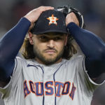 
              Houston Astros starting pitcher Lance McCullers Jr. reacts after giving up a run to the New York Yankees during the first inning of Game 4 of an American League Championship baseball series, Sunday, Oct. 23, 2022, in New York. (AP Photo/John Minchillo)
            