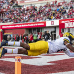 
              Michigan wide receiver Cornelius Johnson (6) dives into the end zone to score during the second half of an NCAA college football game against Indiana, Saturday, Oct. 8, 2022, in Bloomington, Ind. (AP Photo/Doug McSchooler)
            