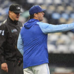 
              Kansas City Royals manager Mike Matheny talks with umpire Jordan Baker (71) during the fifth inning of a baseball game against the Detroit Tigers Saturday, Sept. 10, 2022, in Kansas City, Mo. (AP Photo/Jay Biggerstaff)
            