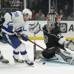 
              Tampa Bay Lightning left wing Brandon Hagel (38) scores against Los Angeles Kings goaltender Jonathan Quick (32) during the first period of an NHL hockey game Tuesday, Oct. 25, 2022, in Los Angeles. (AP Photo/Ashley Landis)
            