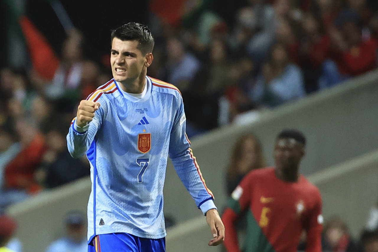 FILE - Spain's Alvaro Morata celebrates after scoring his side's first goal during the UEFA Nations...
