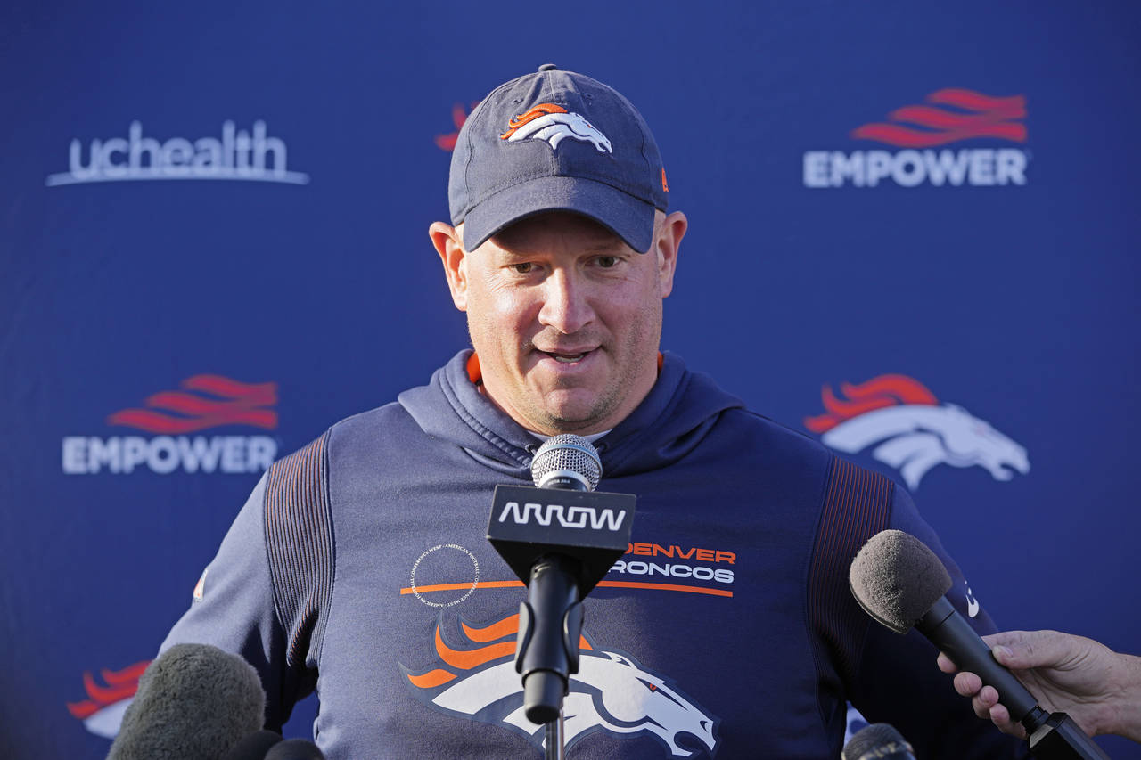 Denver Broncos head coach Nathaniel Hackett attends a news conference after a practice session in H...
