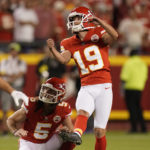 
              Kansas City Chiefs place kicker Matthew Wright (19) and holder Tommy Townsend (5) watch Wright's 59-yard field goal during the first half of an NFL football game against the Las Vegas Raiders Monday, Oct. 10, 2022, in Kansas City, Mo. (AP Photo/Charlie Riedel)
            
