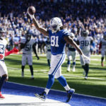 
              Indianapolis Colts tight end Mo Alie-Cox runs in for a touchdown after a catch against the Tennessee Titans in the second half of an NFL football game in Indianapolis, Fla., Sunday, Oct. 2, 2022. (AP Photo/Darron Cummings)
            