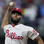 
              Philadelphia Phillies relief pitcher Seranthony Dominguez throws during the ninth inning in Game 3 of the baseball NL Championship Series between the San Diego Padres and the Philadelphia Phillies on Friday, Oct. 21, 2022, in Philadelphia. (AP Photo/Brynn Anderson)
            